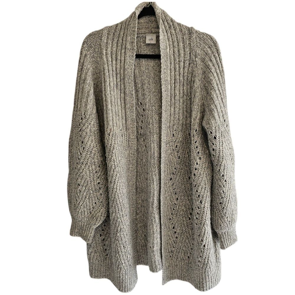 Cabi L Gray Long Line Cardigan Open Knit Cotton Stretch Balloon Sleeve Coastal